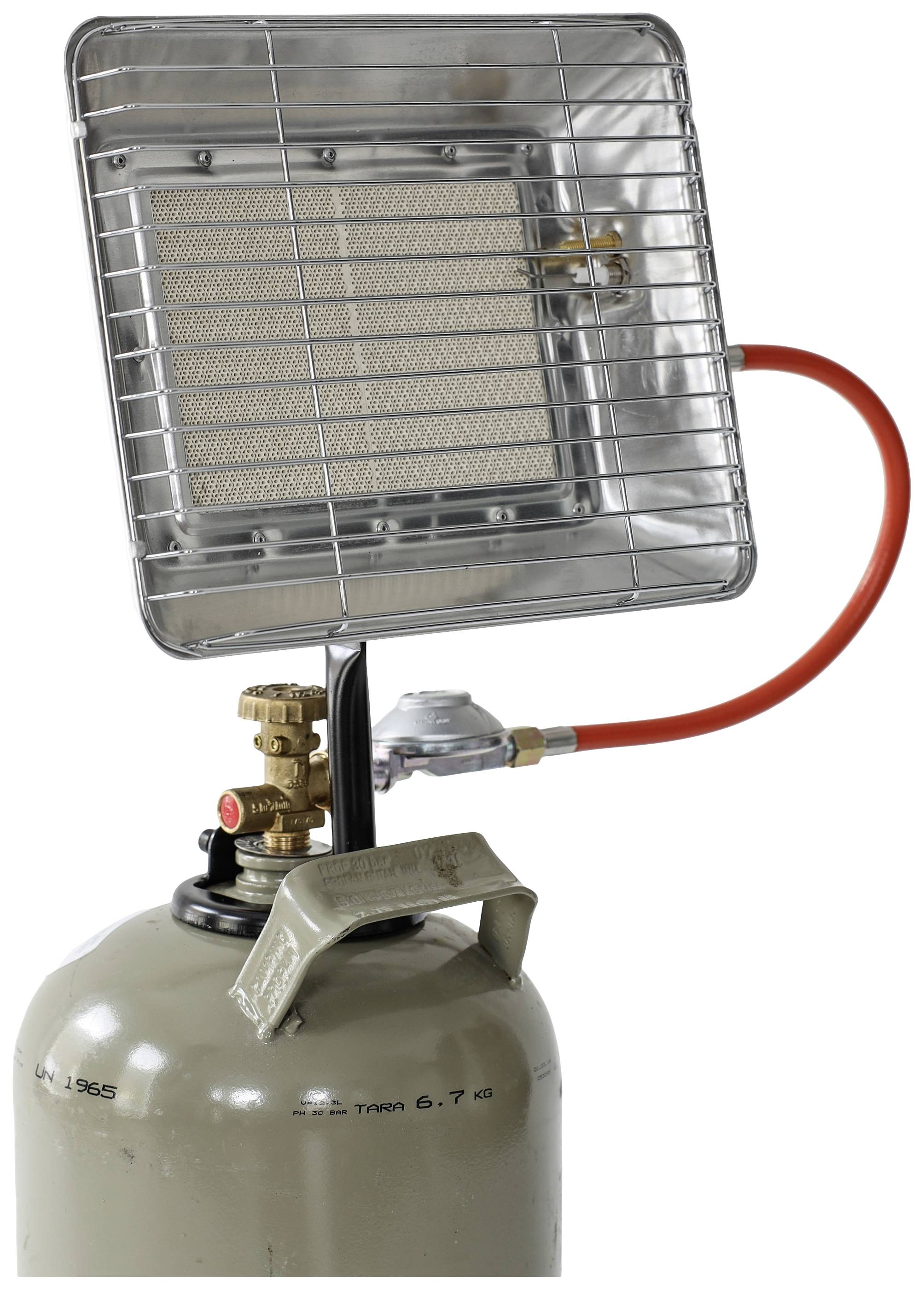 A portable gas heater with a metal mesh and red hose, mounted on a propane gas cylinder.