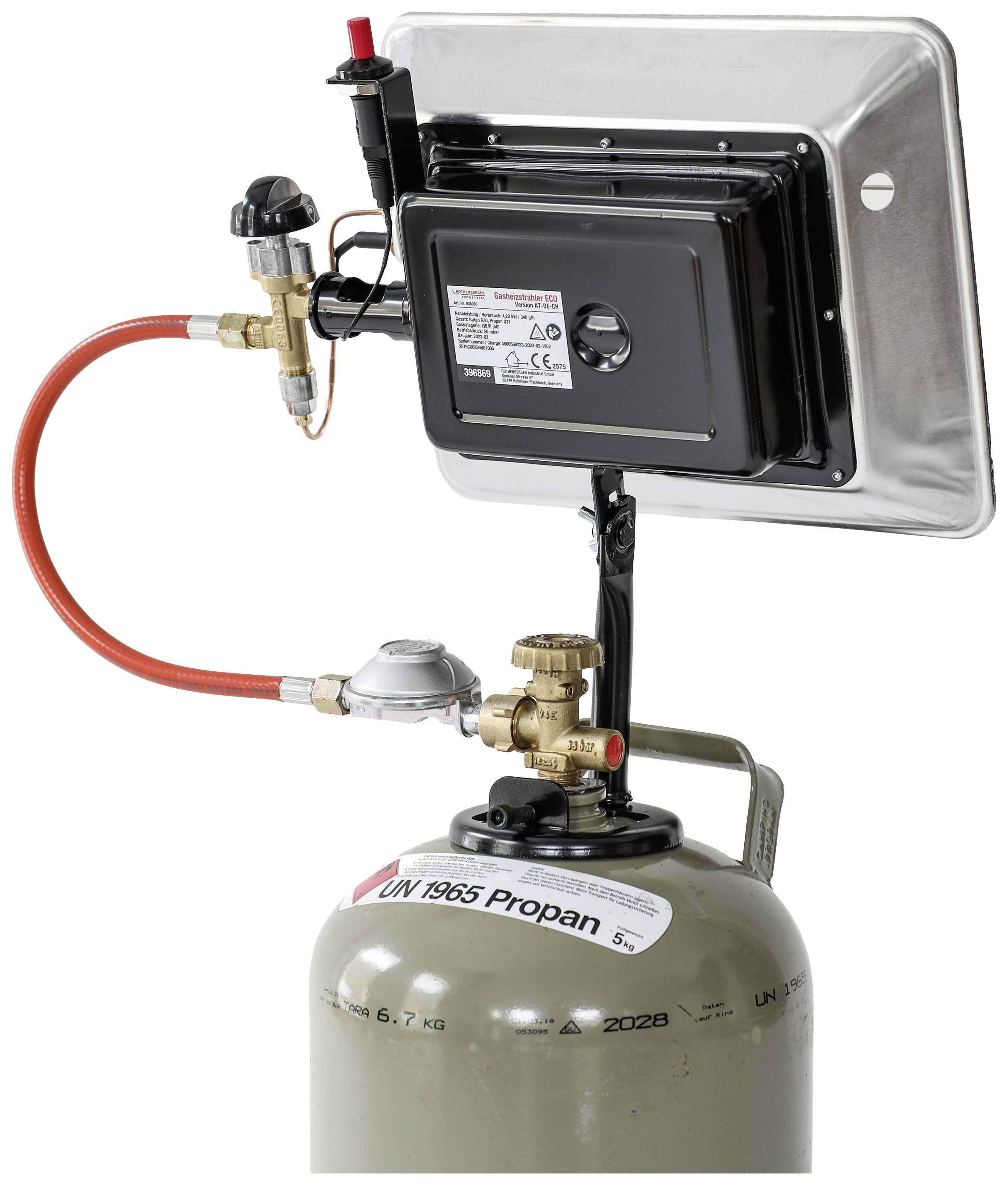 Gas heater: Propane gas cylinder with connected heating burner and orange hose, ready for use.