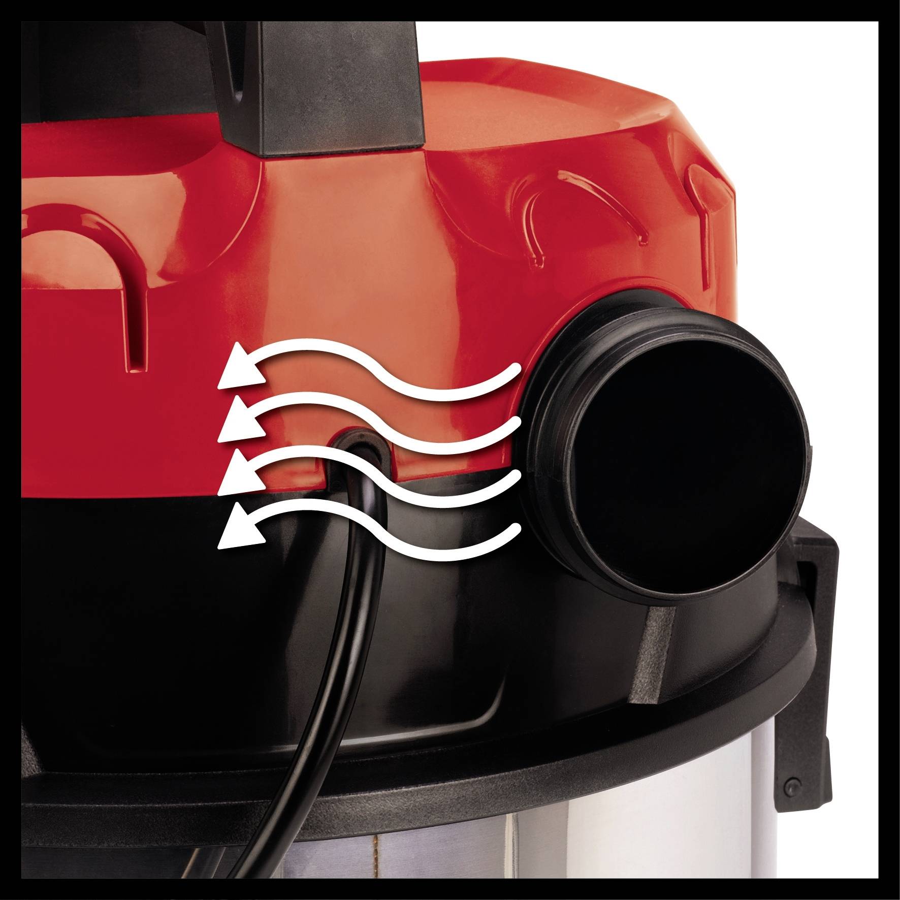 Industrial vacuum cleaner with a red casing, black hose connection, and white arrows indicating the airflow.