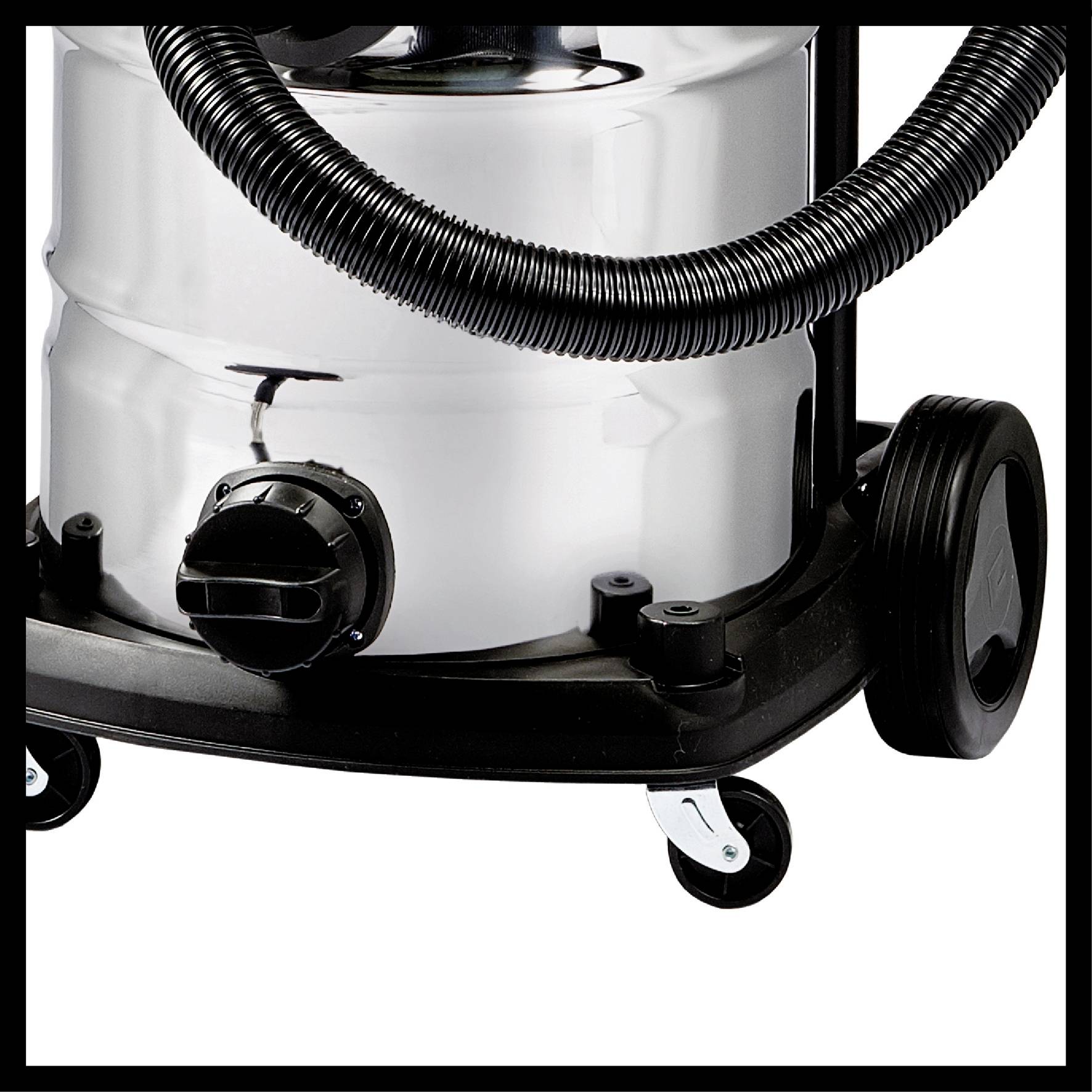 A silver industrial vacuum cleaner with a black hose and black wheels.