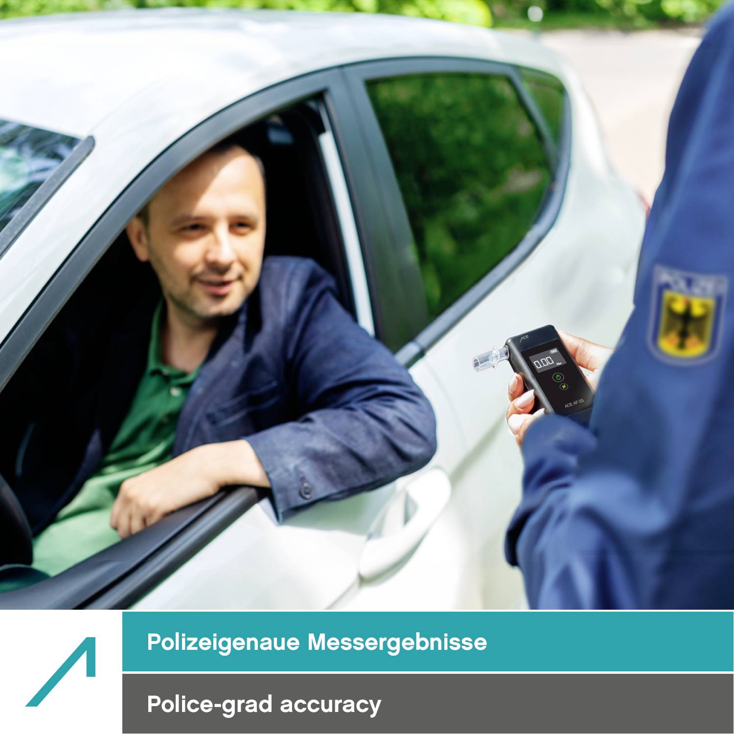 Police officer conducts a breathalyser test on a driver. Man sits in the open car window. Device displays test result.