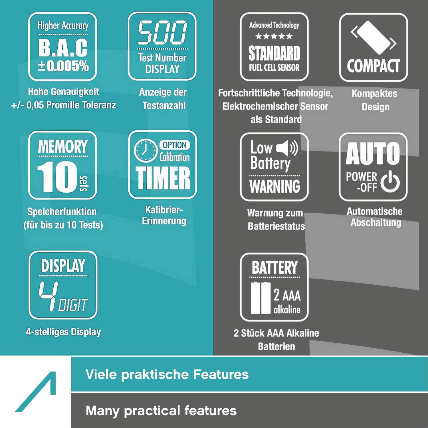The leaflet displays the key features of an alcohol breathalyser, including high accuracy with ±0.05% tolerance, 4-digit display, and battery indicator.