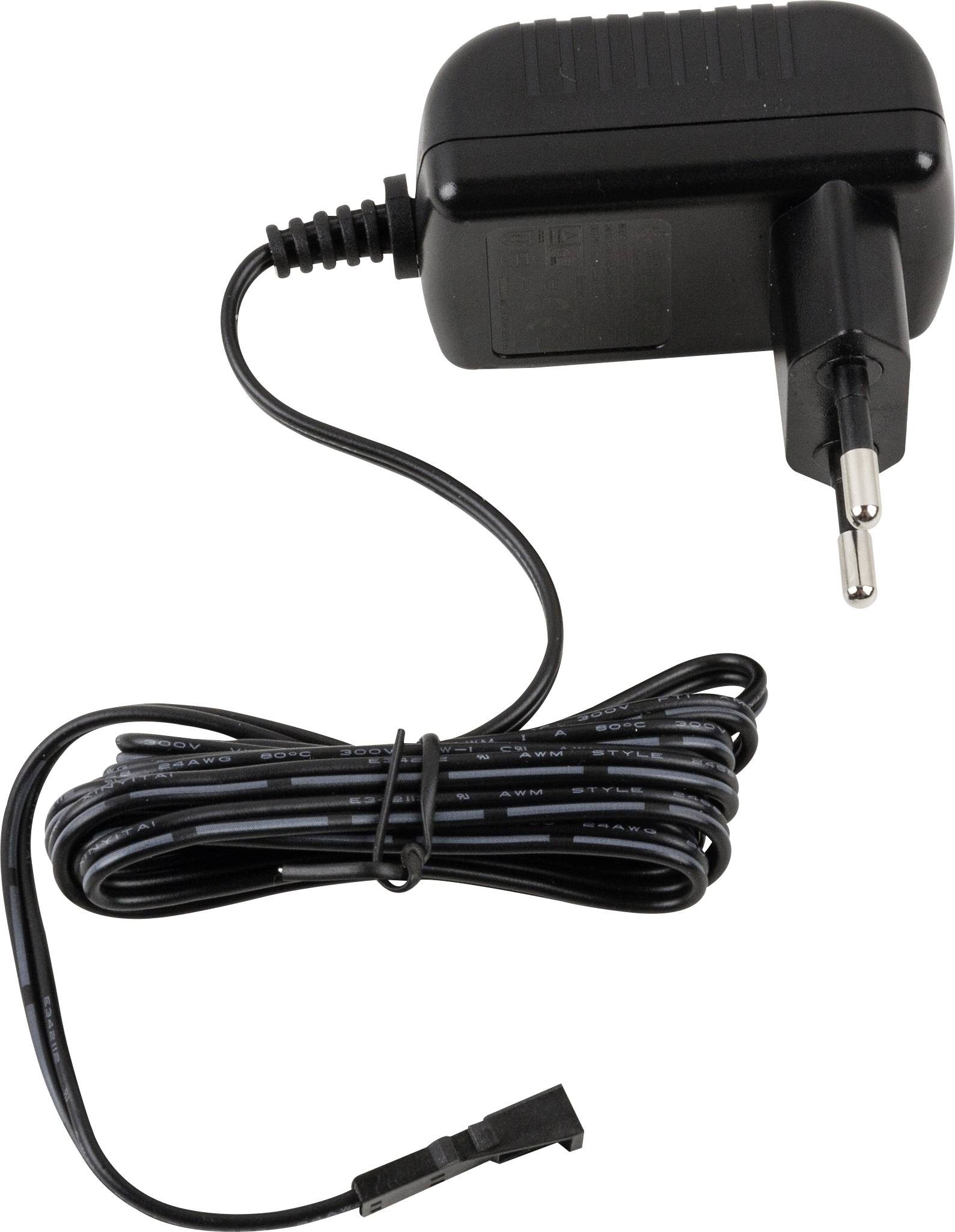 Black power adapter with Euro plug, attached cable and small rectangular connector at the cable end.