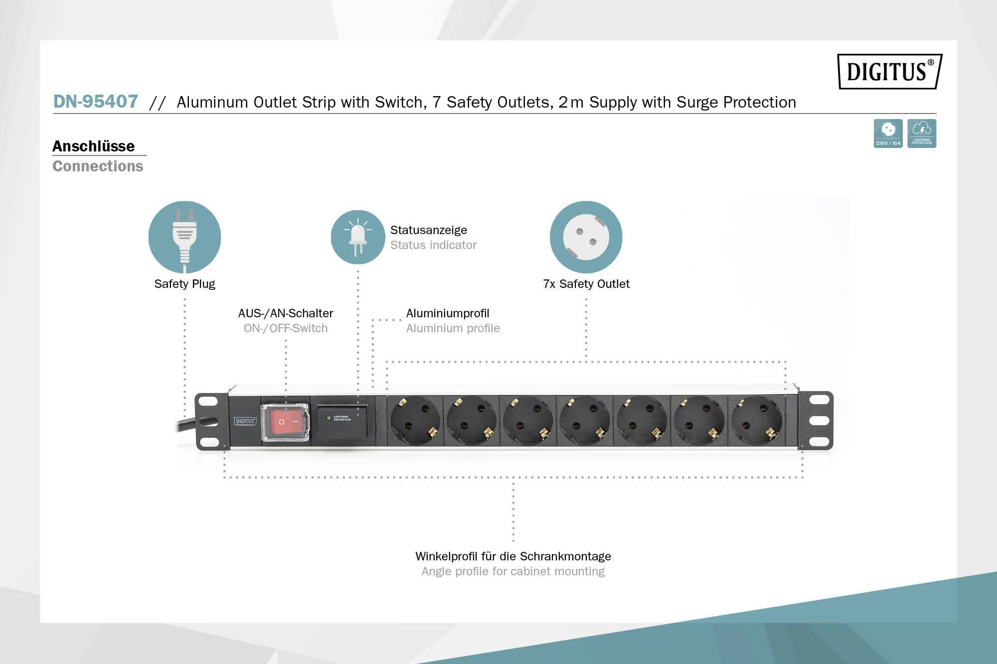 Digitus DN-95407 19 inch Server rack cabinet power strip 1 U PG socket Black