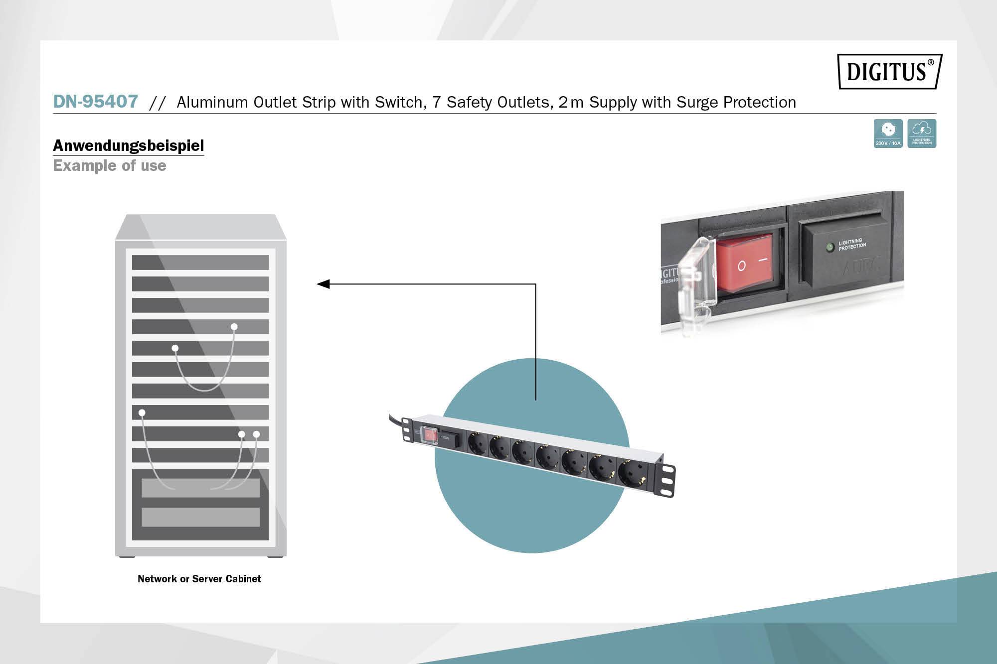 Digitus DN-95407 19 inch Server rack cabinet power strip 1 U PG socket Black