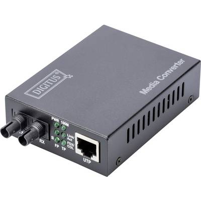 A black media converter with the inscription 'DIGITUS' and 'Media Converter'. It has two optical ports and an Ethernet port.