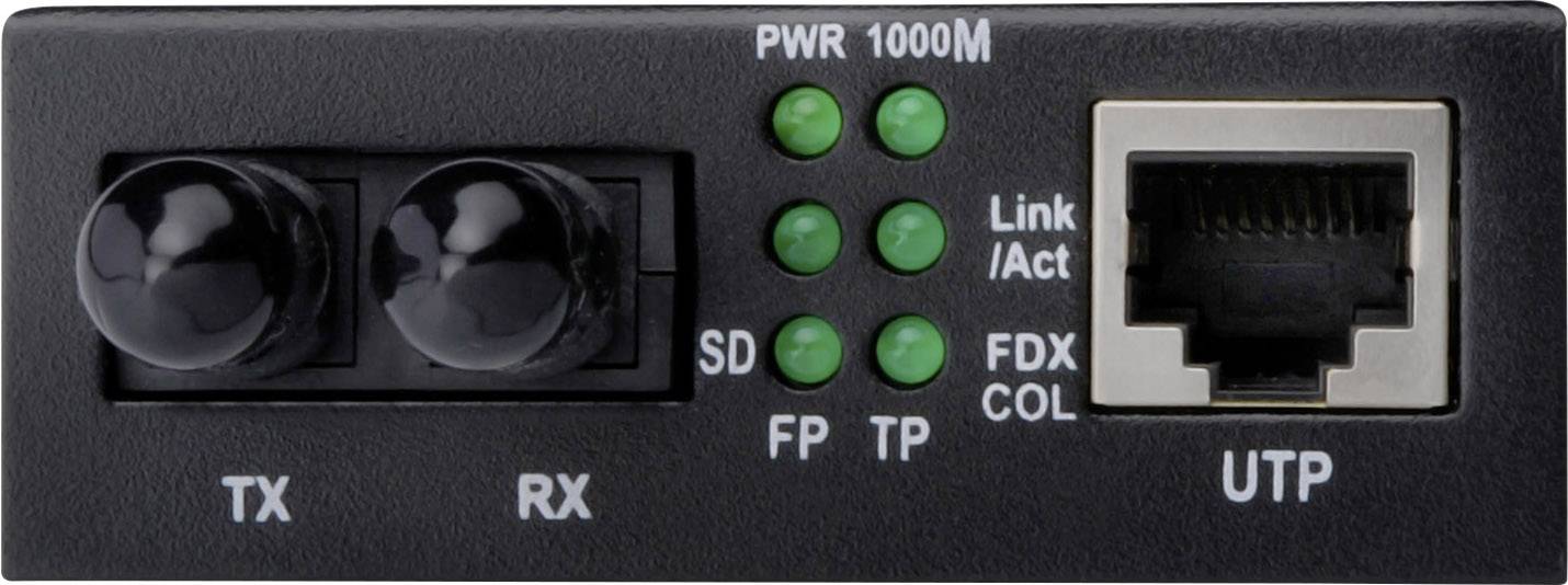 'Network media converter with fibre optic TX/RX connections, status LEDs for power and connection, and Ethernet UTP port on the right.'
