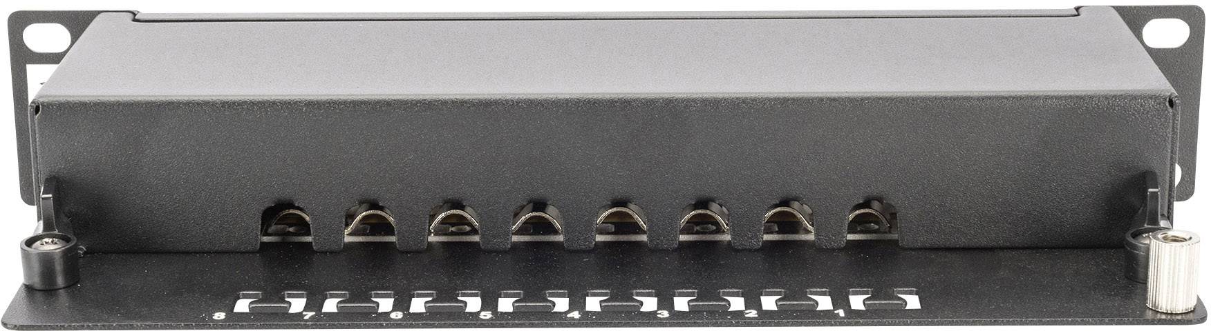 A black patch panel with eight Ethernet ports. It serves for network connectivity, with the ports evenly distributed across the front.