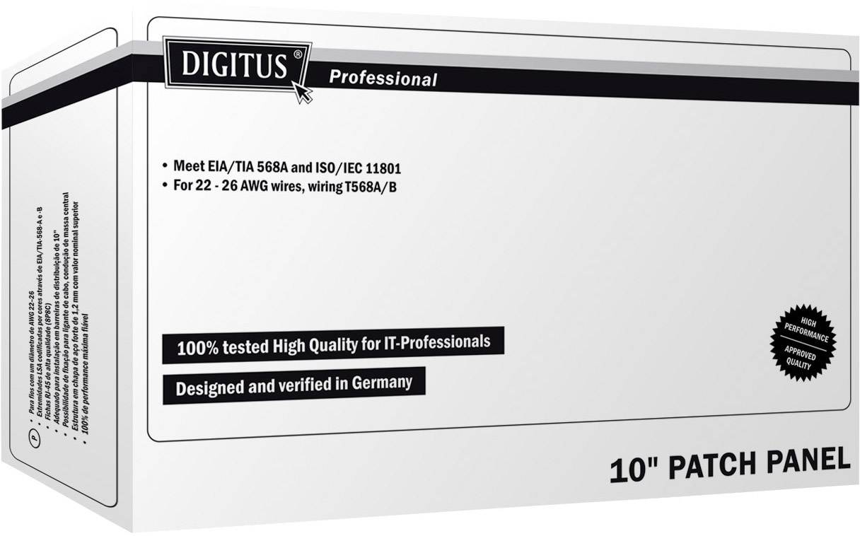 Digitus Patch Panel Packaging with Text: 'Compliant with EIA/TIA 568A and ISO/IEC 11801', '100% Tested, High-Quality', 'Developed in Germany'
