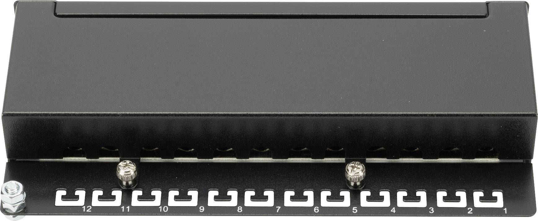 A black patch panel with twelve numbered Ethernet ports, suitable for cable management in network systems.