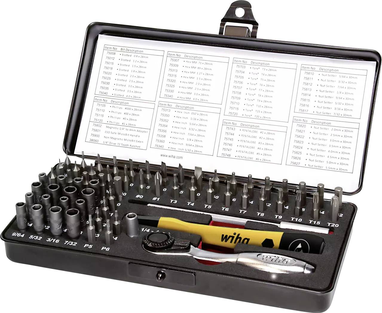 Wiha Micro-Bit-Set 65-tlg.m.Ratsche Schlitz/PH/6-kant in+auß/T/Pen 39971 Bit set Slot, Phillips, Allen, Star socket, Pentalobular, Hex head