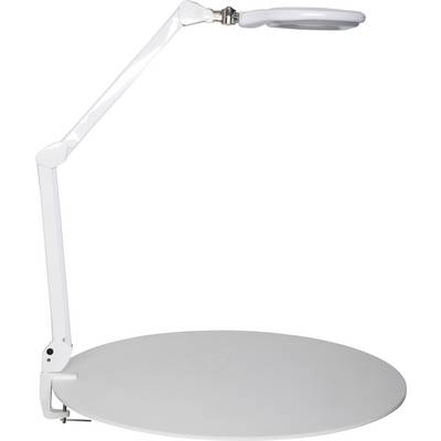 A desk lamp with an adjustable arm and a round magnifying glass at the top end. It is white and designed in a simple, understated style.