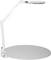 A desk lamp with an adjustable arm and a round magnifying glass at the top end. It is white and designed in a simple, understated style.