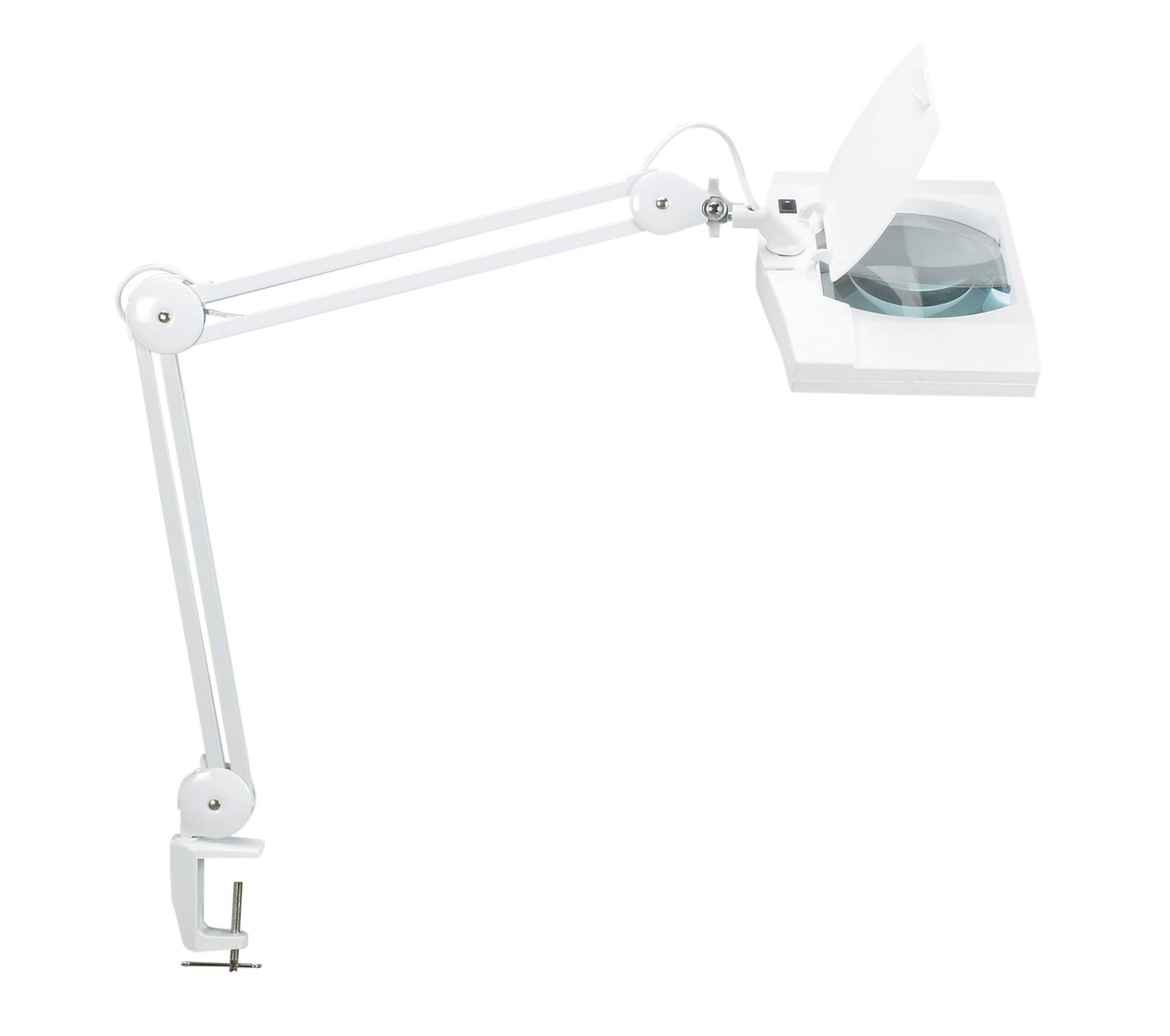 White articulated desk lamp with adjustable joints and a teal lamp head, shown on a plain background.