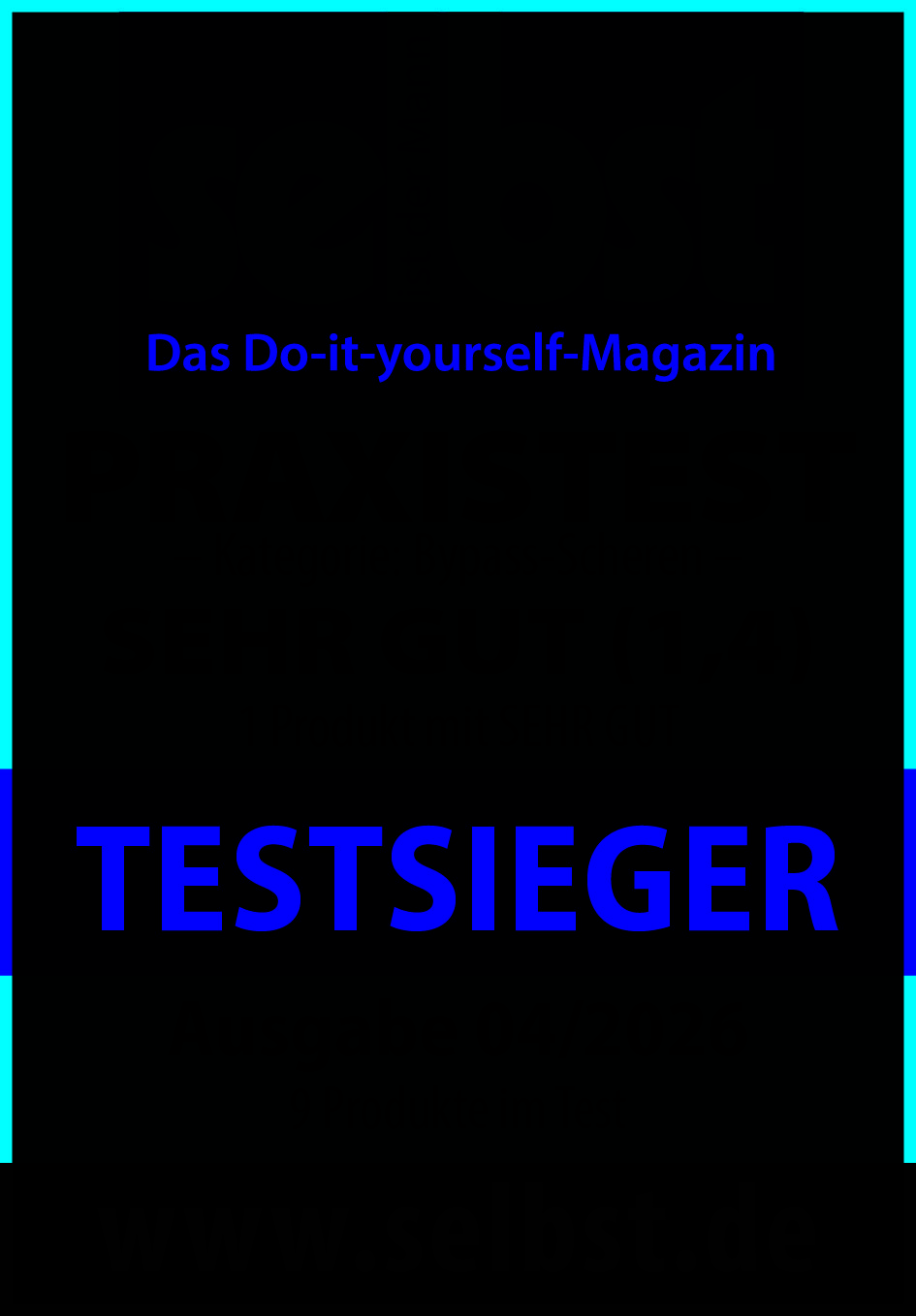 Magazine cover for self ist der Mann / selbst, showing a 'PRAXISTEST' in category 'Bypass-Scheren' rated 'SEHR GUT (1,4)' and 'TESTSIEGER', issue 04/2026.