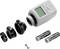 Electronic radiator thermostat with removable adapter rings and two batteries. Suitable for heating control.
