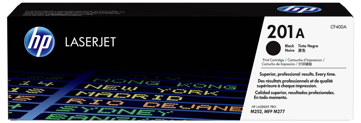 HP LaserJet 201A black toner cartridge box, showing a cyan and black package labeled for HP LaserJet printers and print yield details.