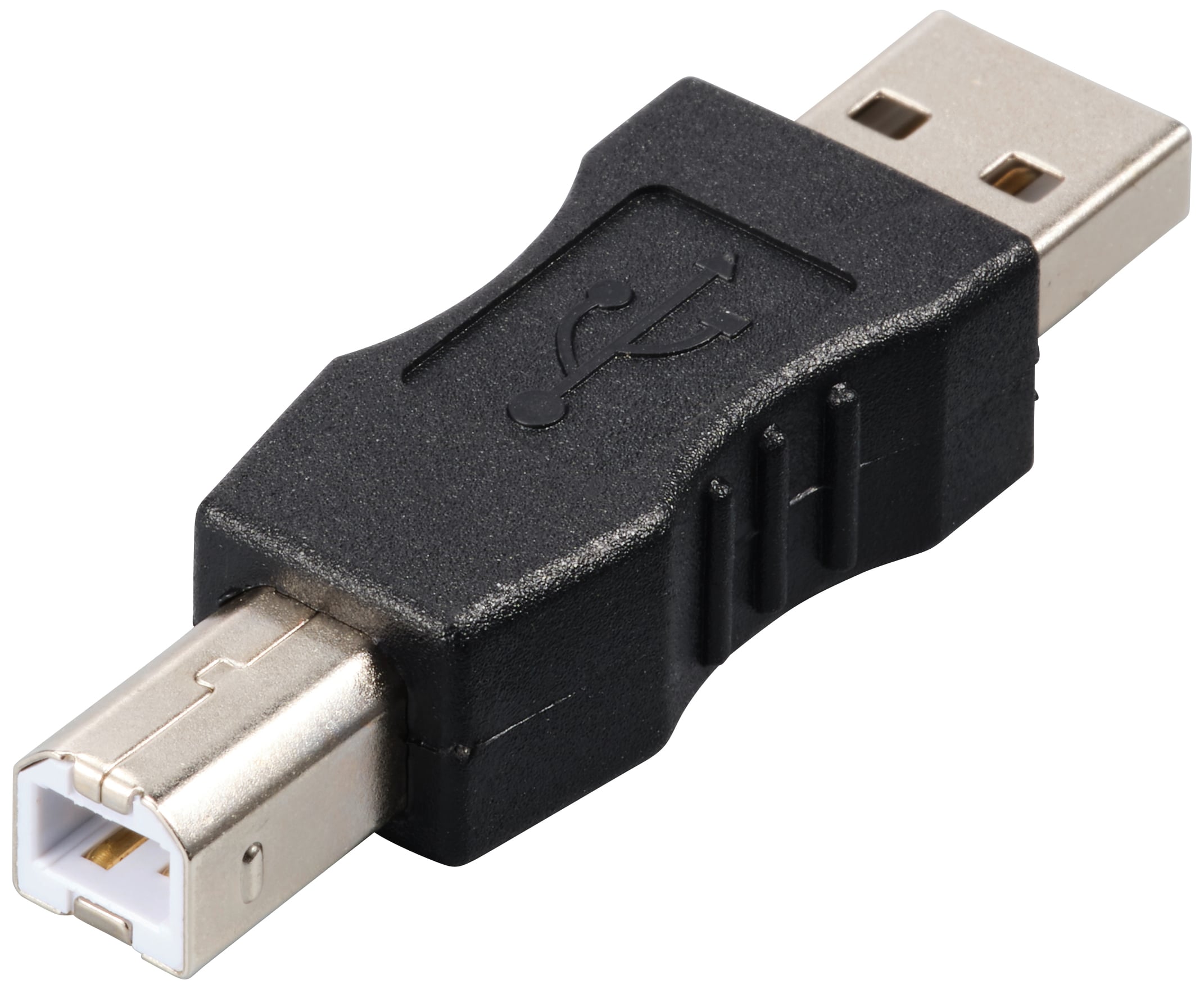 A USB-A to USB-B adapter, used for connecting devices such as printers to a computer.
