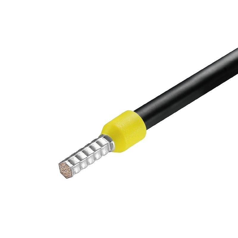A black cable with a yellow insulation section and a copper wire end, against a white background.