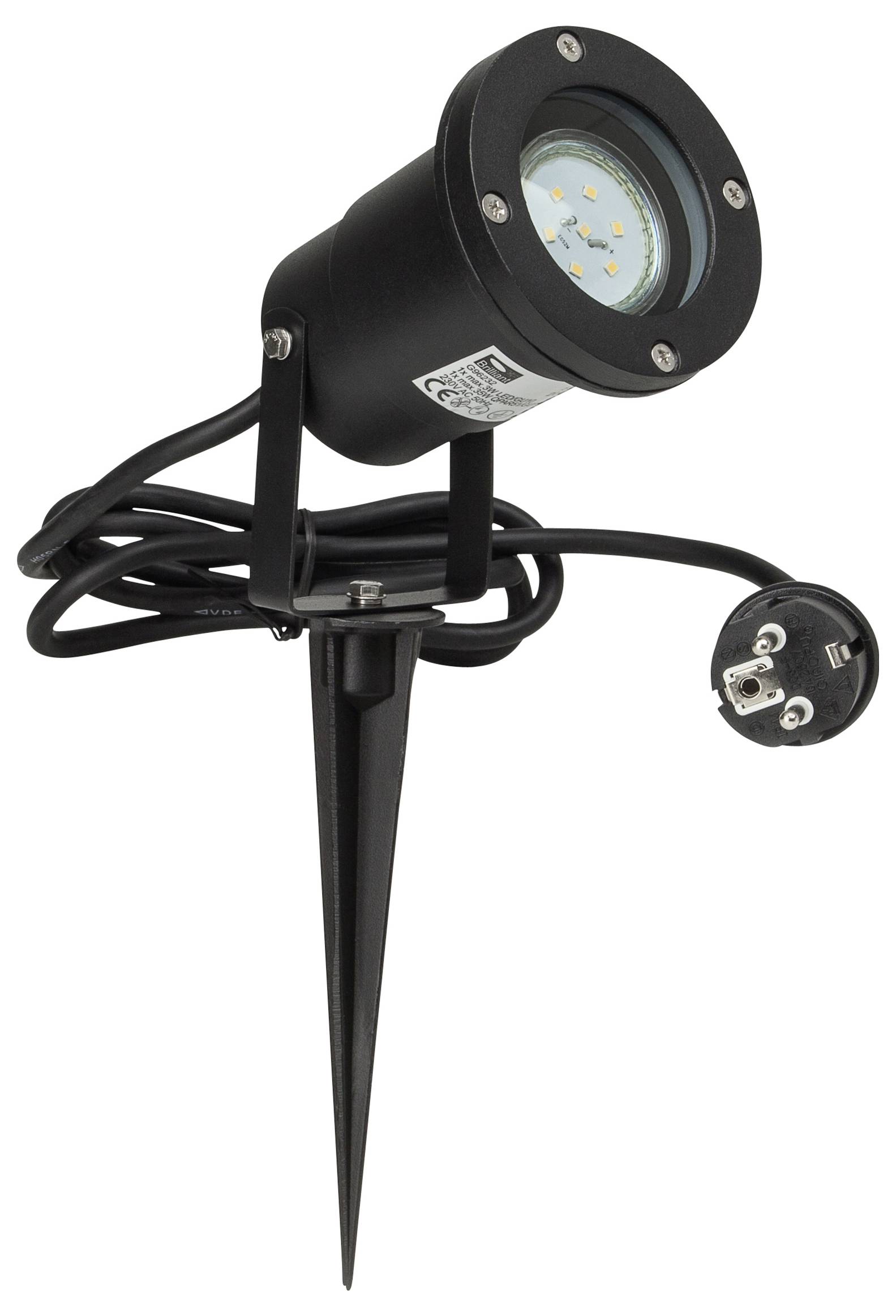 A black outdoor LED spotlight with a spike for ground installation, featuring a round head with multiple small LED bulbs, and an attached power cord.