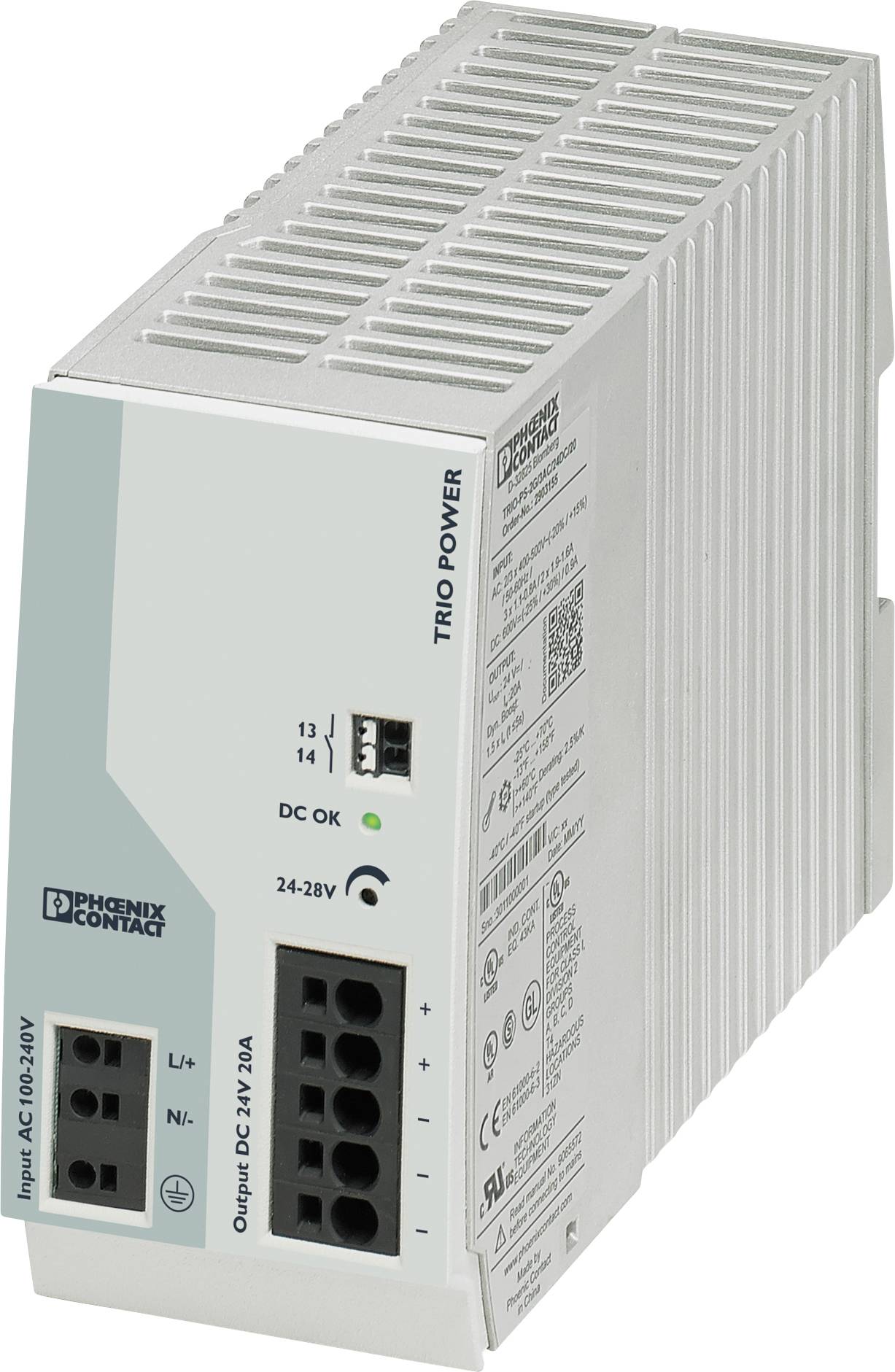 Phoenix Contact power supply unit, model TRIO POWER. Suitable for AC input 110-230V, DC output 24V 20A.