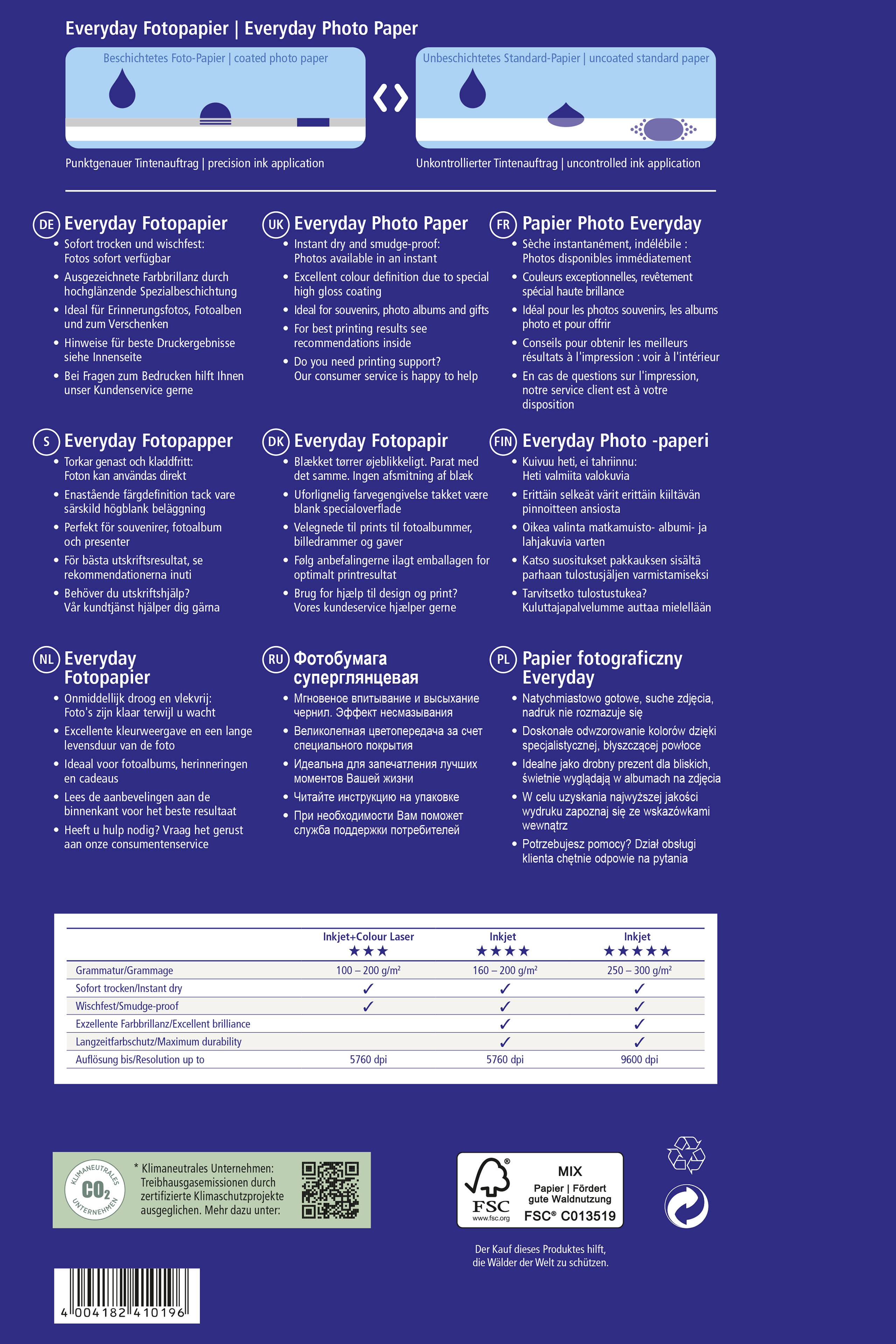 'Everyday Photographic Paper' in multiple languages, with symbols and specifications about ink type and print quality. Recycling and environmental symbols below.