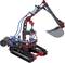 A model kit depicts a small plastic building block robotic excavator with a movable arm and bucket, in Red, Black and Blue.