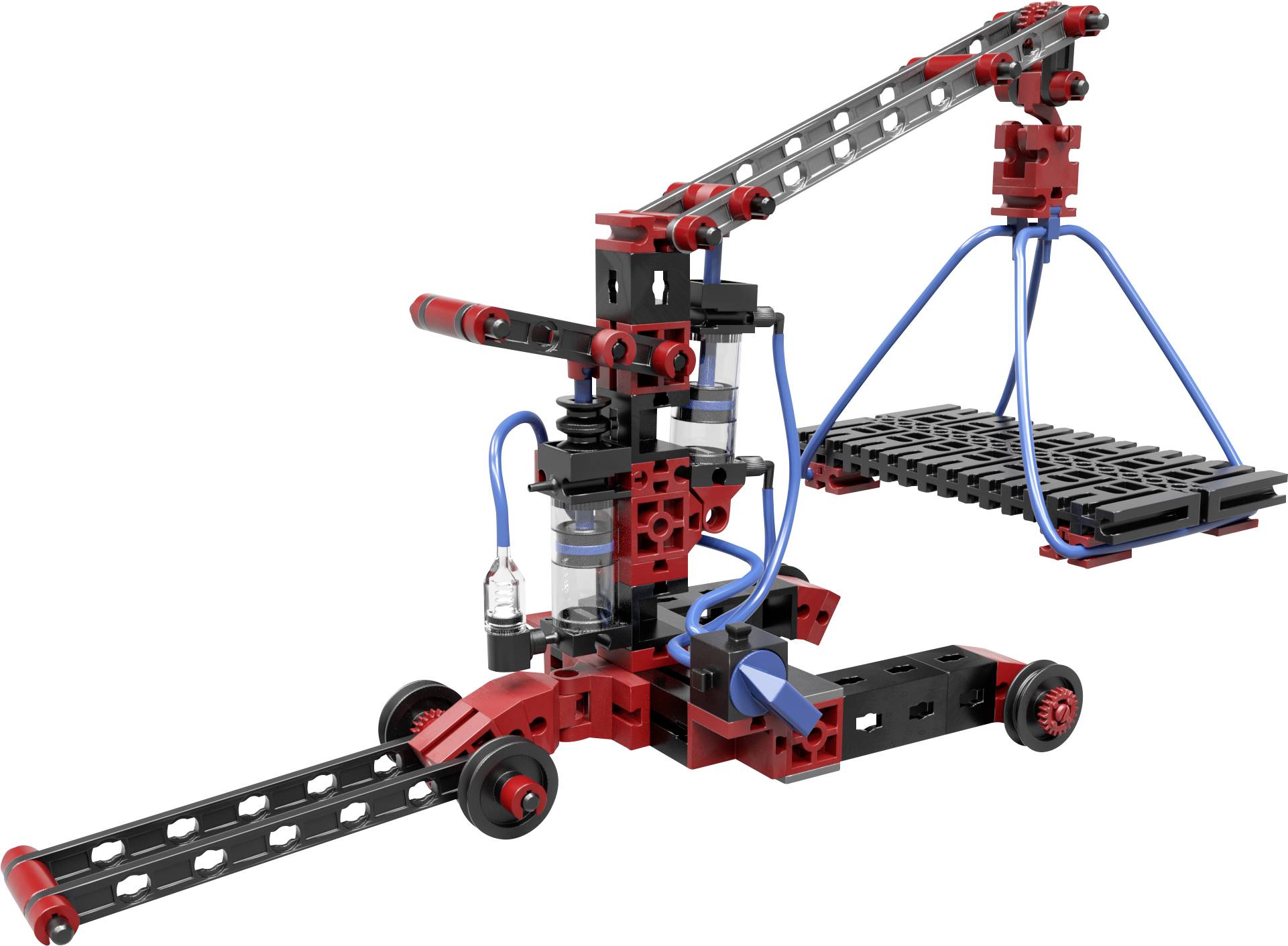 Model of a pneumatic crane from a construction kit system with red and black components. Demonstrates lifting function through air pressure.