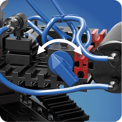 A blue lever in the centre rotates clockwise. Several blue cables are visible, connected to black and red components.
