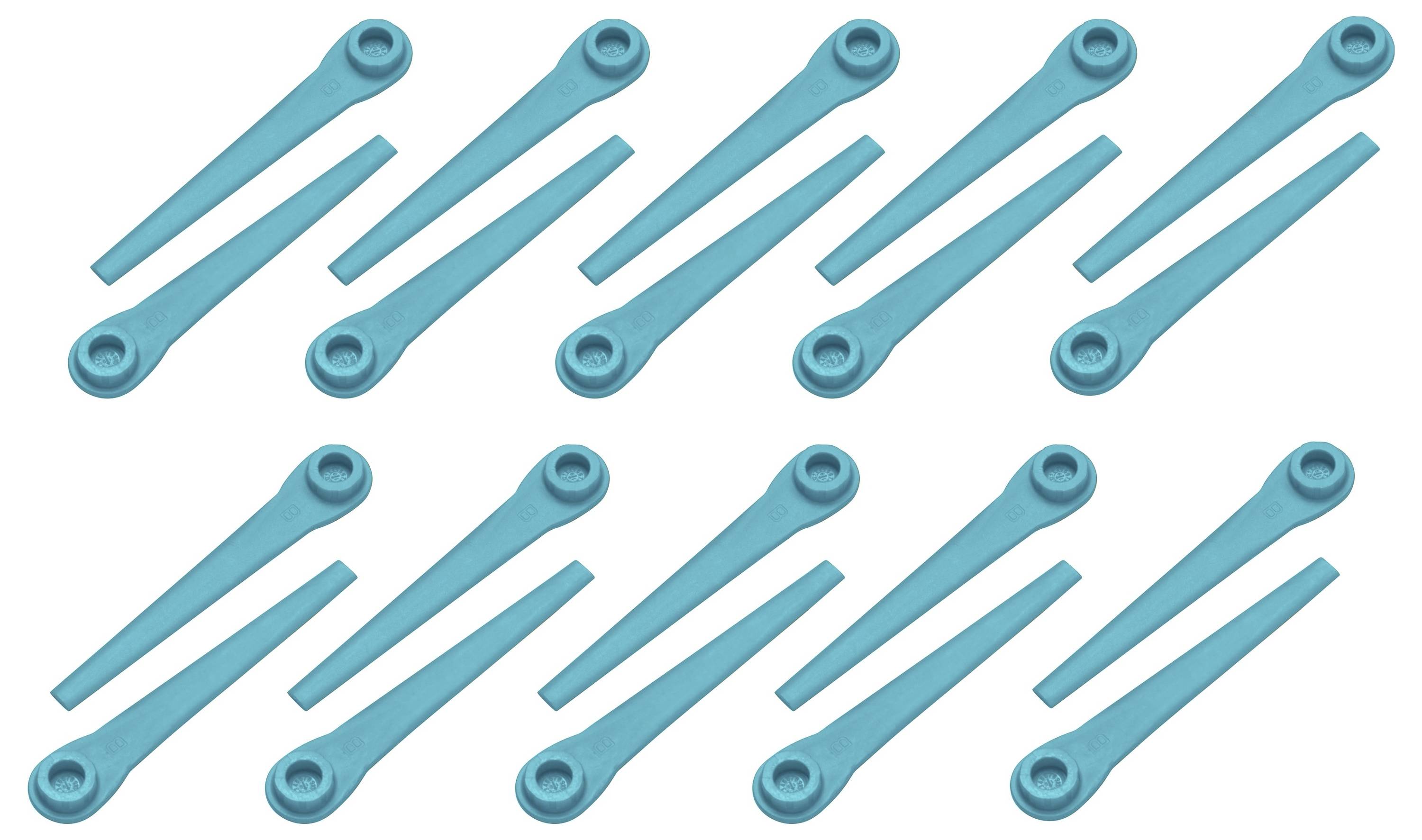 Twelve blue pens with loops at one end, arranged evenly in four rows.