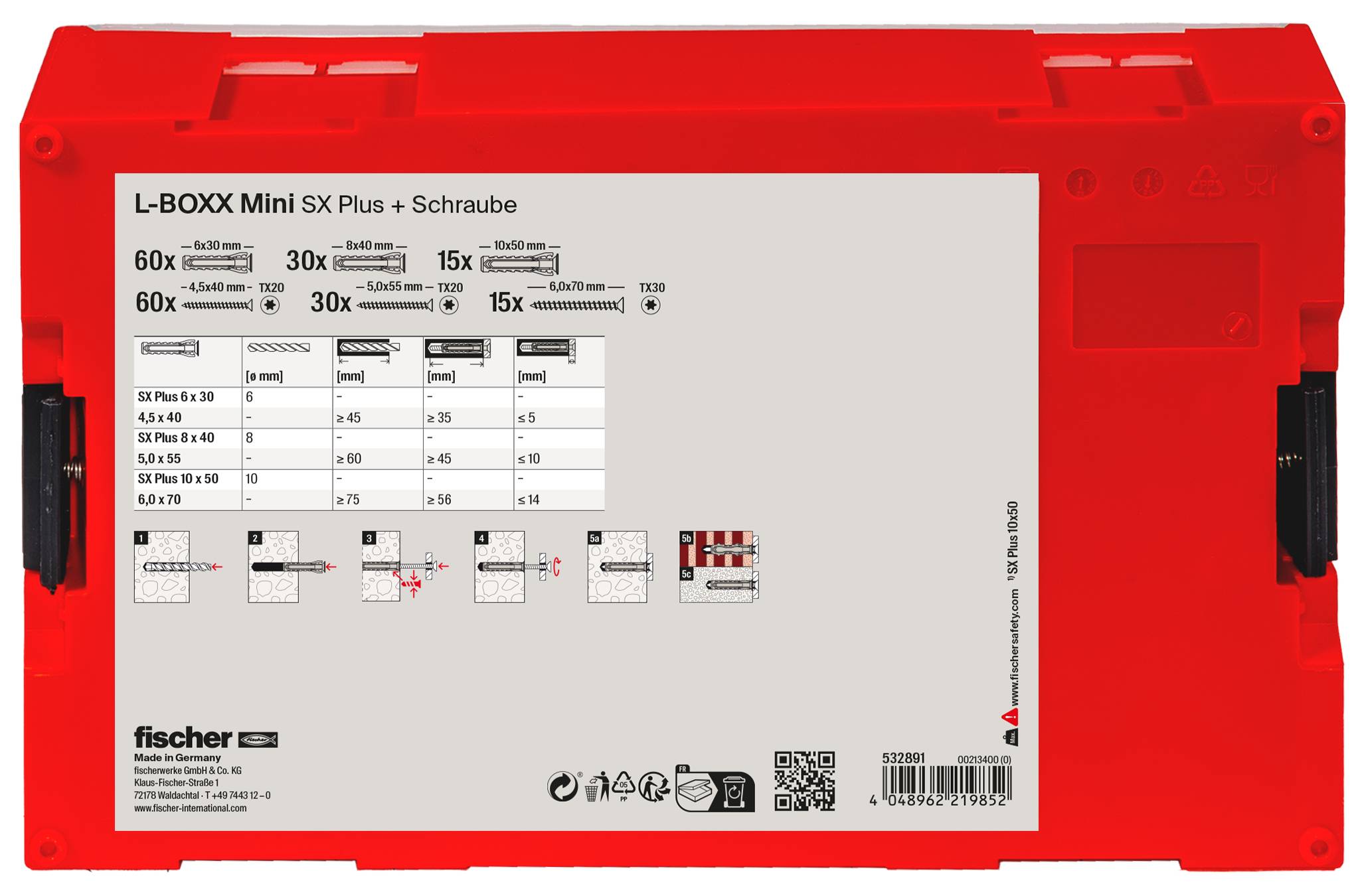 Red Fischer plastic case with a label for 'L-BOXX Mini SX Plus + Schraube', showing screw assortment sizes and quantities.