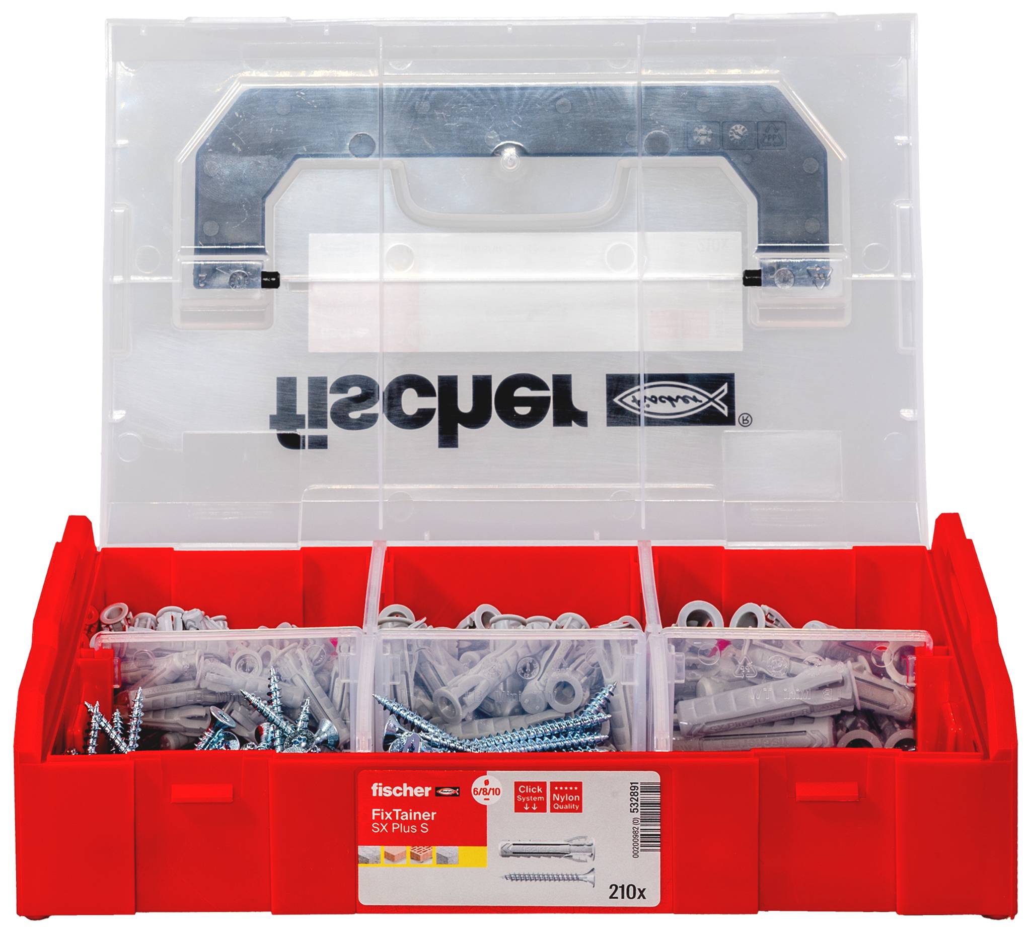 Red Fischer SX Plus Sx organizer box with clear lid and three front compartments of mixed screws and wall plugs; logo visible on the cover.