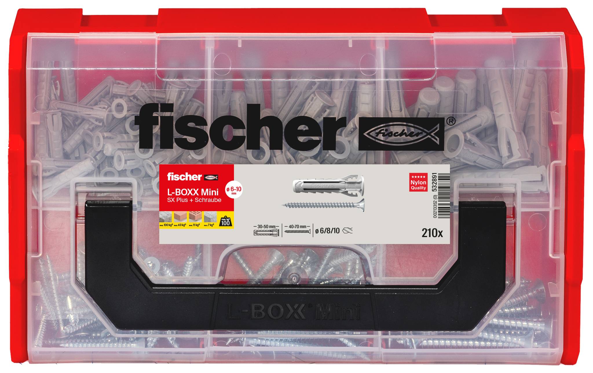 Red Fischer L-BOXX Mini fastener case filled with assorted screws and wall plugs, labeled 'fischer' and 210x.<br>