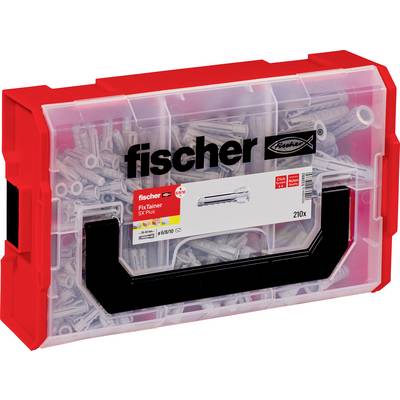 Transparent plastic box with a red border, filled with grey wall plugs. Sticker with 'fischer', 'FixTainer' and product details.