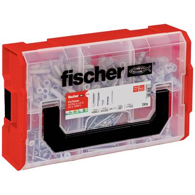 A red Fischer tool case, filled with various wall plugs and screws.