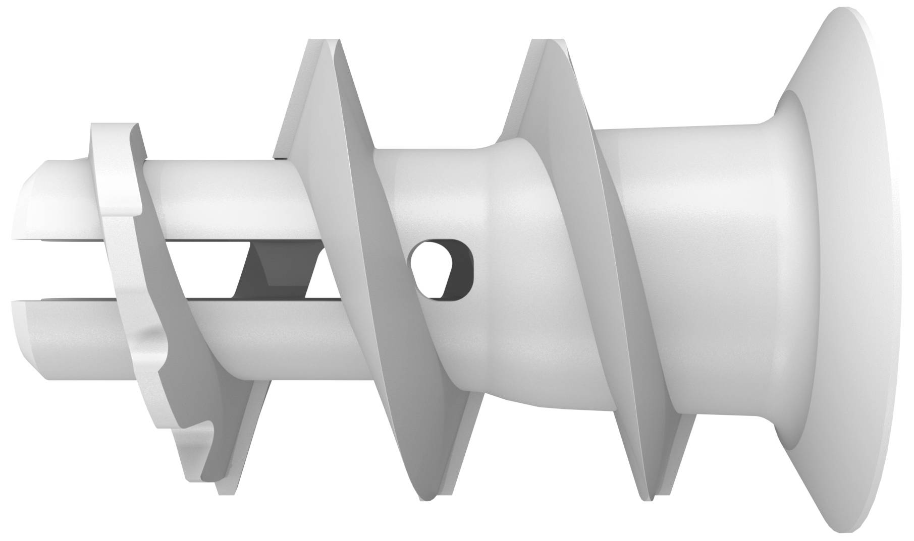 A white plastic wall plug viewed from the side. It has a wide collar, spiral grooves, and is suitable for walls.