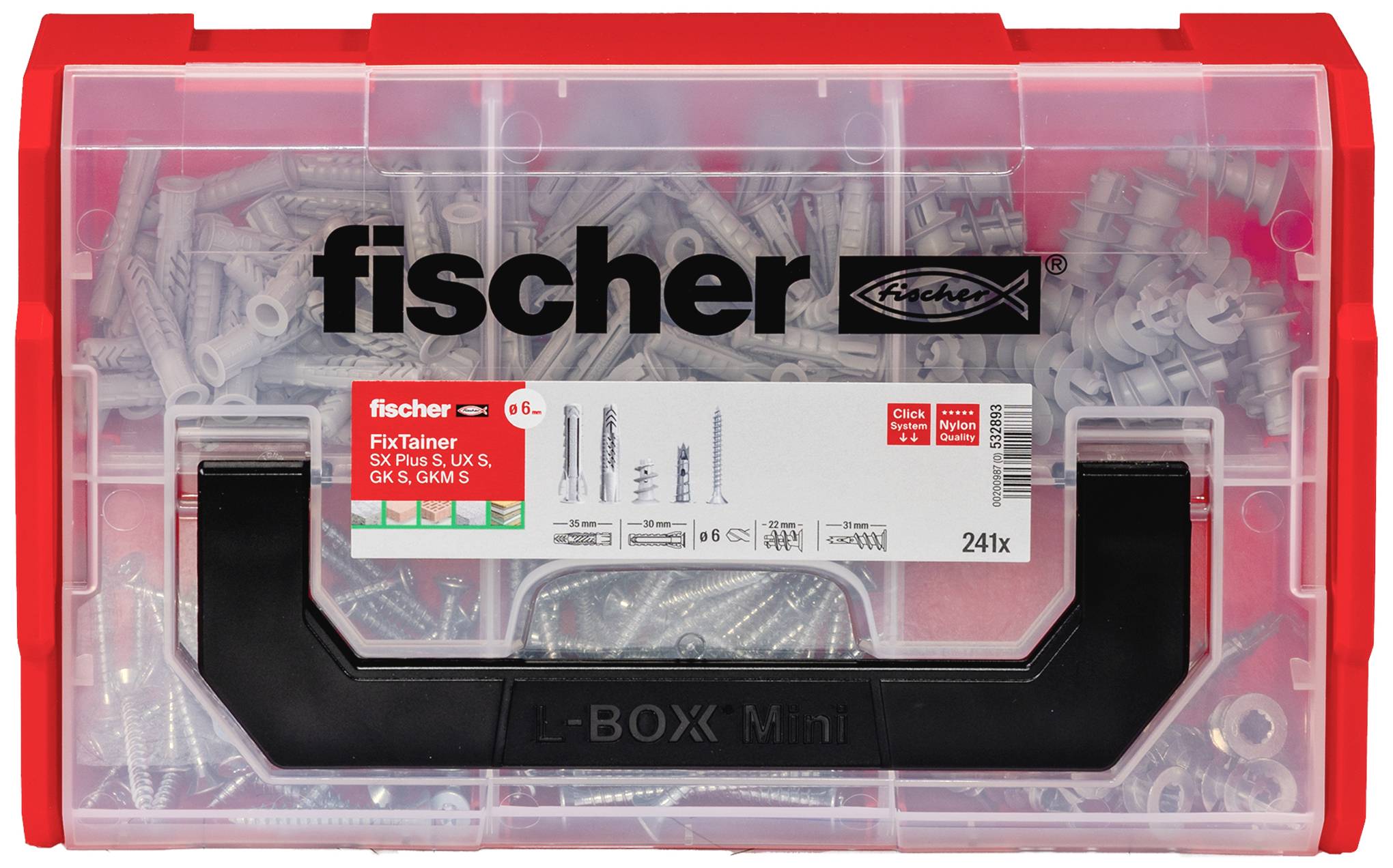 A red box with Fischer screws and wall plugs, 241 pieces. Ideal for storage and DIY projects.