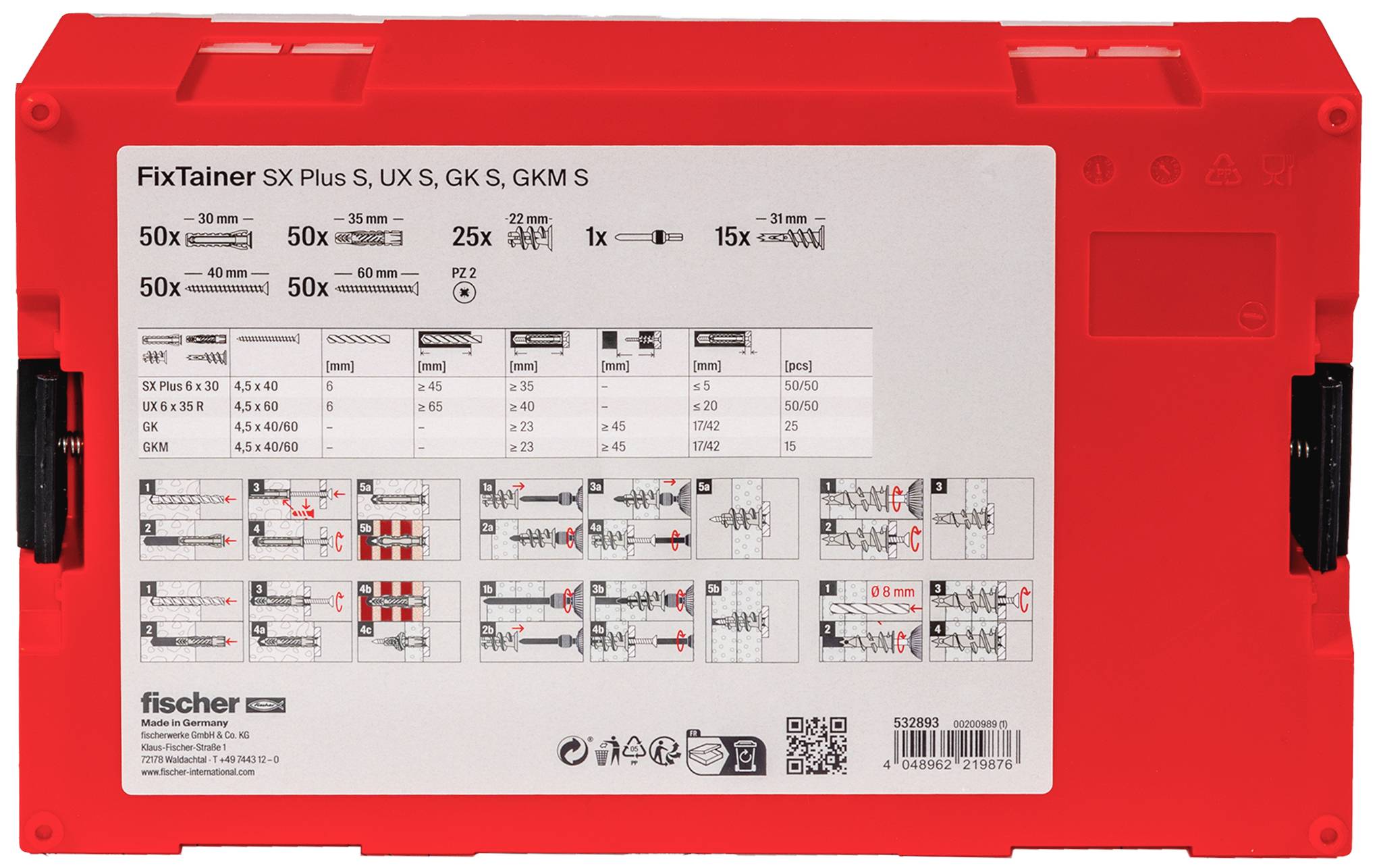 Red Fischer FixTainer Box for Wall Plugs and Screws. Contains details about quantity and compatible sizes of the included fixings.