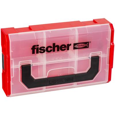 Transparent red fischer L-BOXX Mini storage case with black handle and logo on the front, shown closed on a white background.