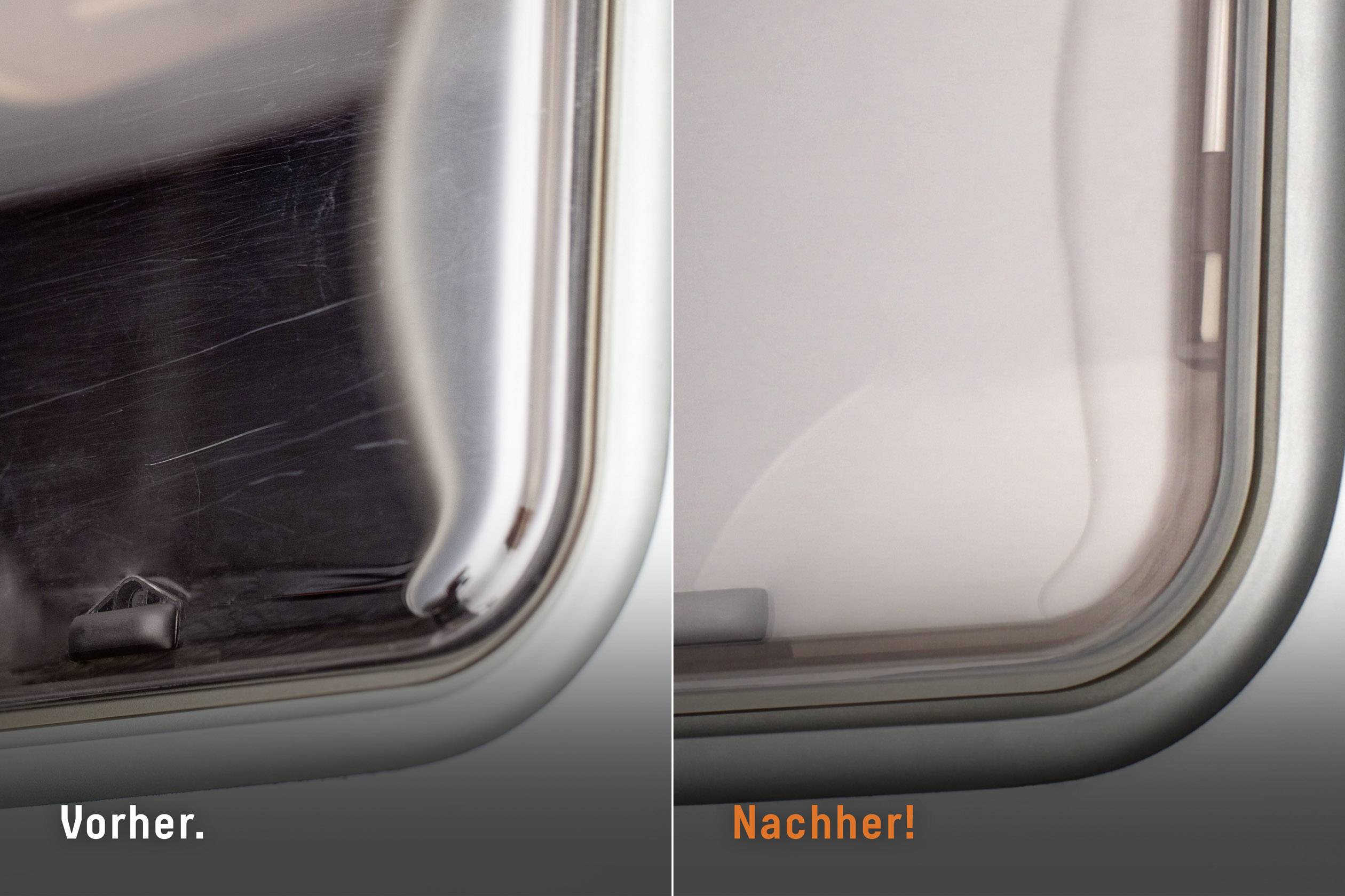 Window Repair: Left side shows scratched 'Before', right side shows clear glass 'After'. Effective Cleaning.