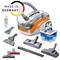 Vacuum cleaner with German origin certificate, showing various attachments, accessories and cleaning products for versatile applications.