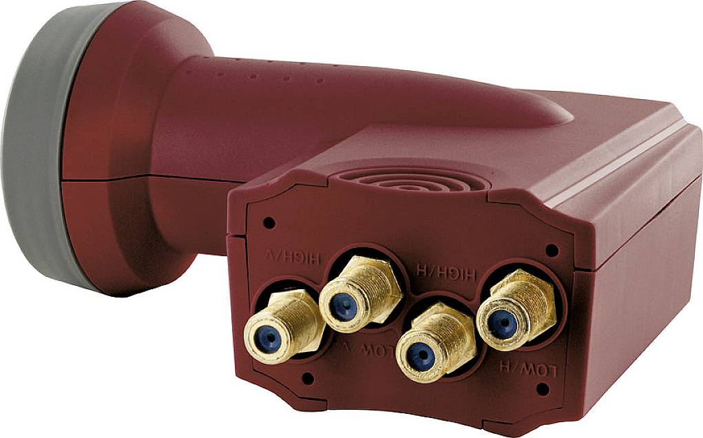A red satellite LNB with four connections used for receiving satellite signals.