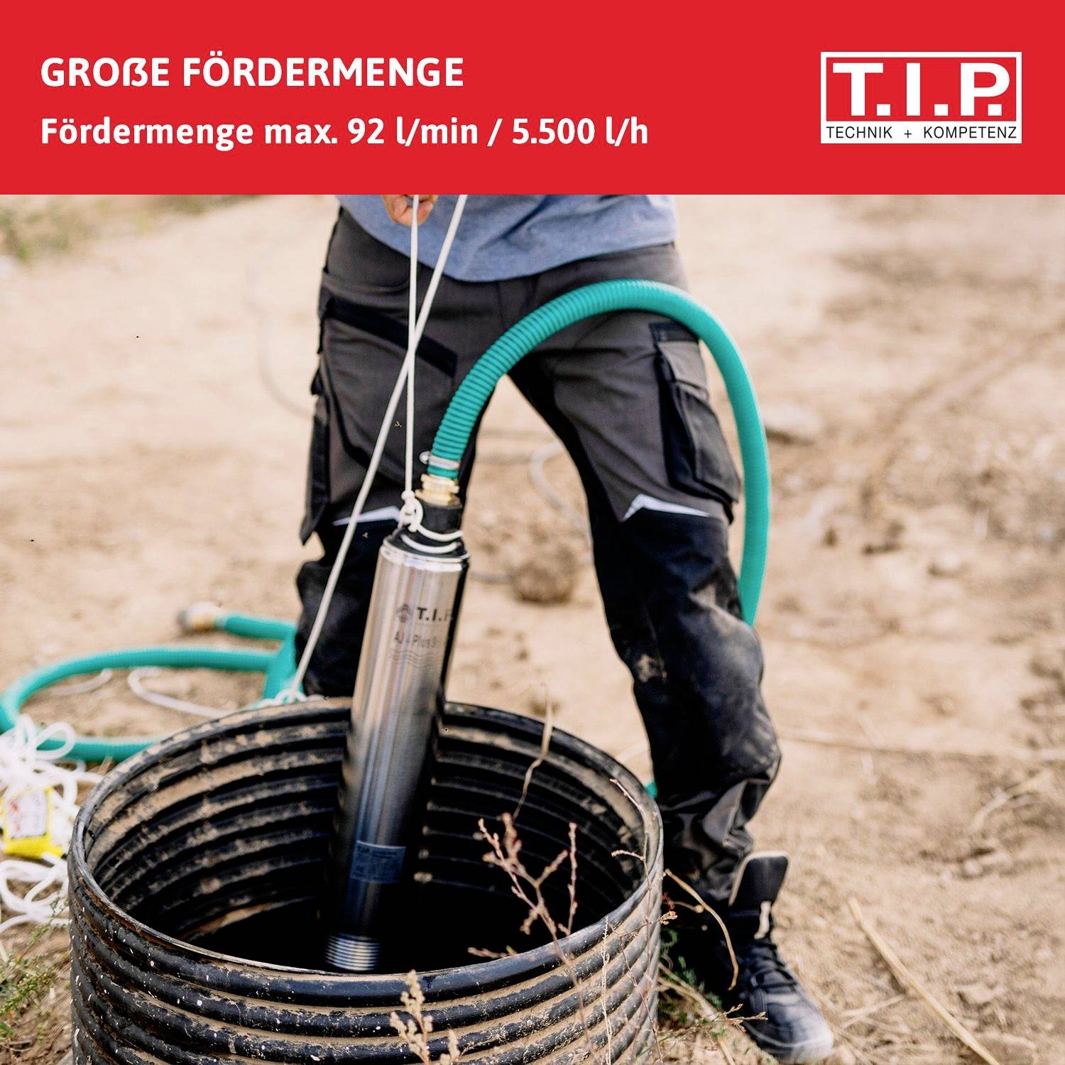 A person is operating a pump over a well. Text on the image: 'Large Delivery Volume. Maximum Delivery Volume 92 l/min / 5,500 l/h.'