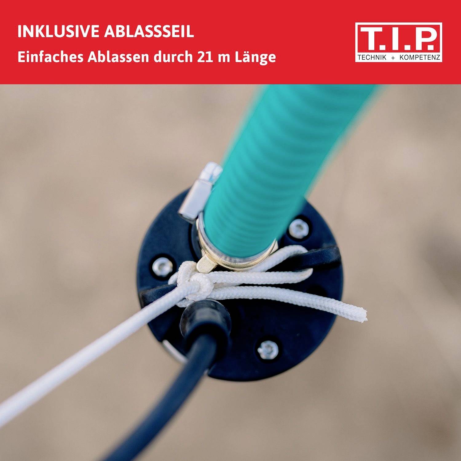 'Hose end secured with clamp on the pipe. Text: Including drainage cord. Simple drainage through 21 m length. Tip: Technology - Competence.'