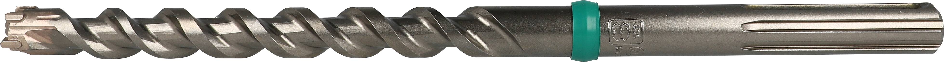 Detailed close-up of a metallic building anchor with a spiral thread and green plastic ring for fixing.
