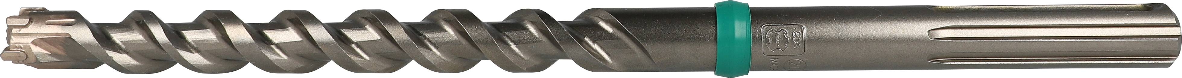 Metal screw with a threaded shaft, green plastic ring, and cylindrical head, used for drilling operations.