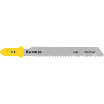 Close-up of a HCS wood pro saw blade labeled T 119 B, 13 teeth per inch (2 mm), for cutting wood.