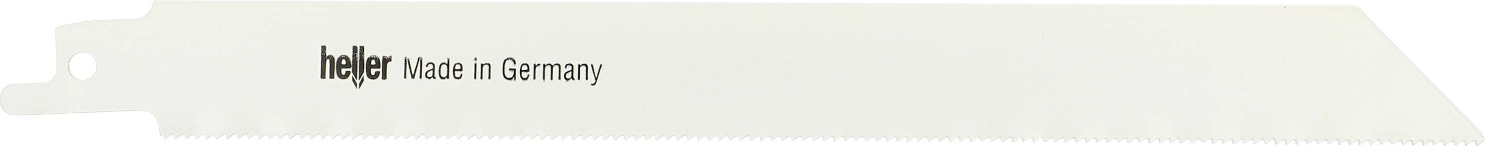 White metal saw blade or tool blade with one mounting hole on the left, printed with 'heller Made in Germany'.<br>