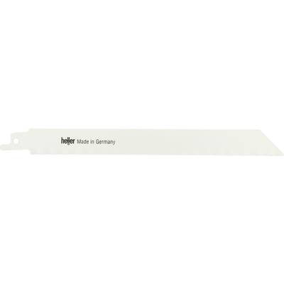 White metal saw blade or tool blade with one mounting hole on the left, printed with 'heller Made in Germany'.<br>