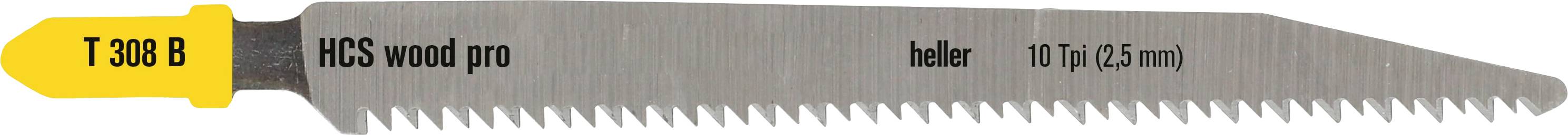 A HCS wood pro reciprocating saw blade labeled 'T 308 B' and '10 Tpi (2.5 mm)'.